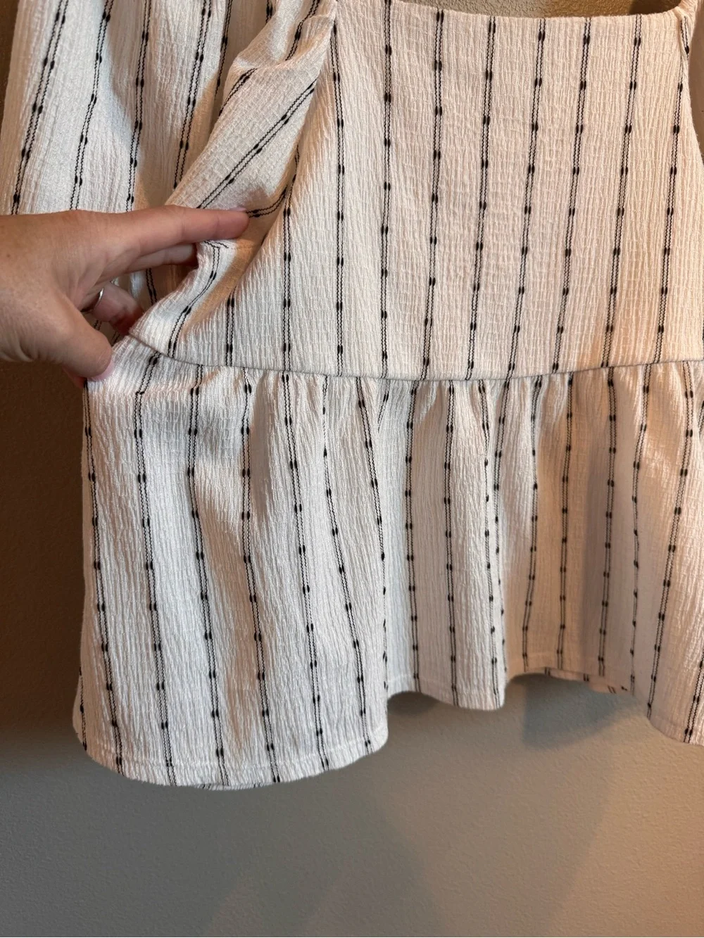 Madewell White Textured Puff-Sleeve Peplum Top with Black Pinstripes